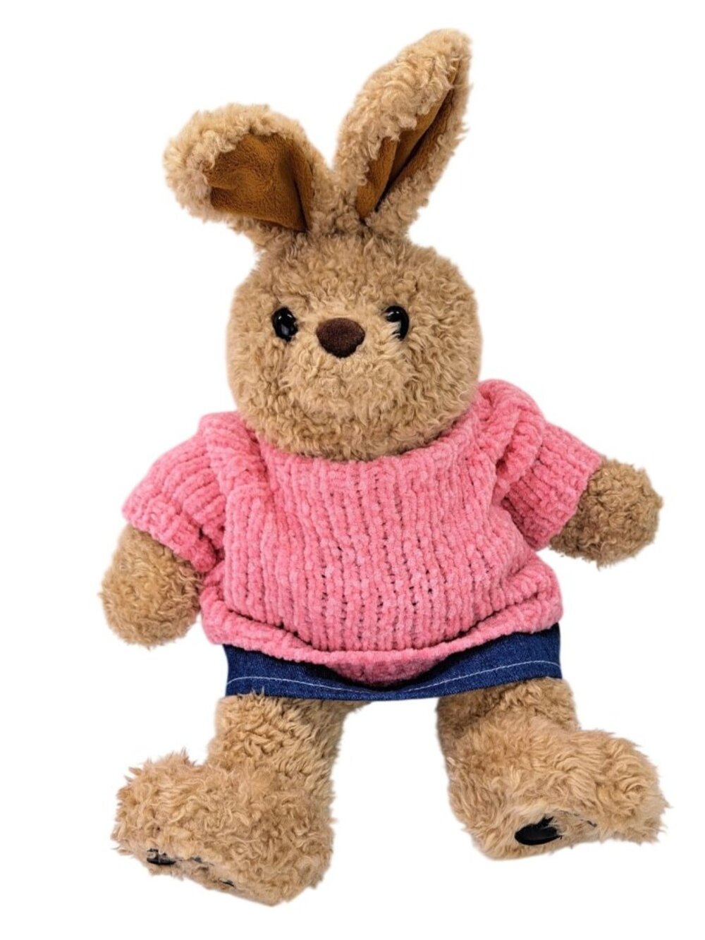 Vintage Build-A-Bear Plush Curly Bunny Rabbit Pink Sweater Denim Skirt Retired